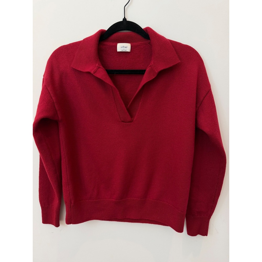 Wilfred Aritzia Clara Merino Wool Red Polo V-Neck Long Sleeve Knit Sweater Small